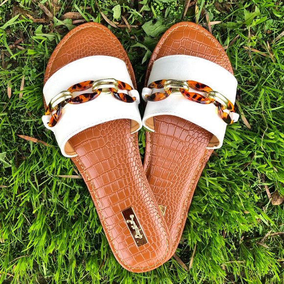Qupid Shoes - FINAL SALE! Tortoise Chain Link Slide Sandals